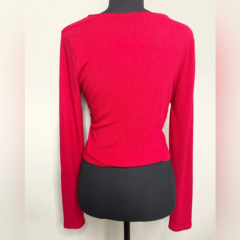 Zenana Red Ribbed Wrap Cropped Top Size Large New With Tags - Picture 5 of 6